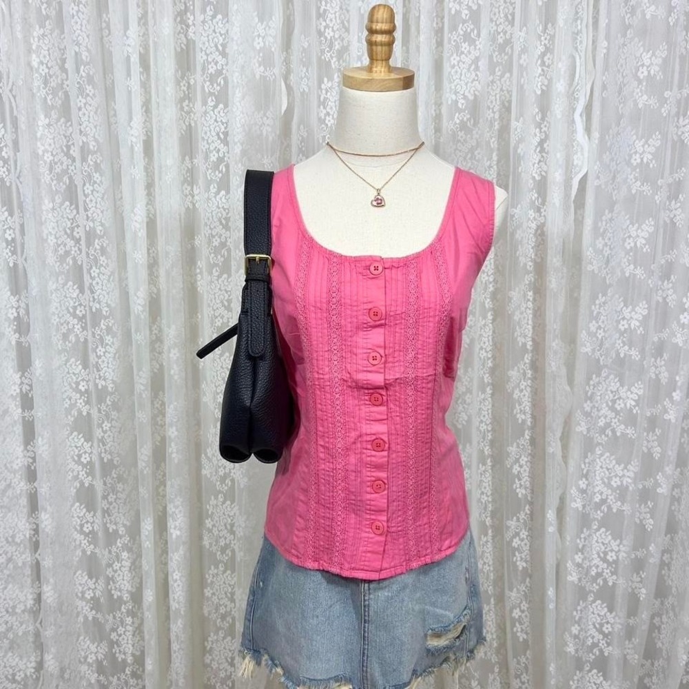 Y2K Van Heusen Pink ButtonUp Blouse Top Women L Sleeveless Coquette Cottagecore